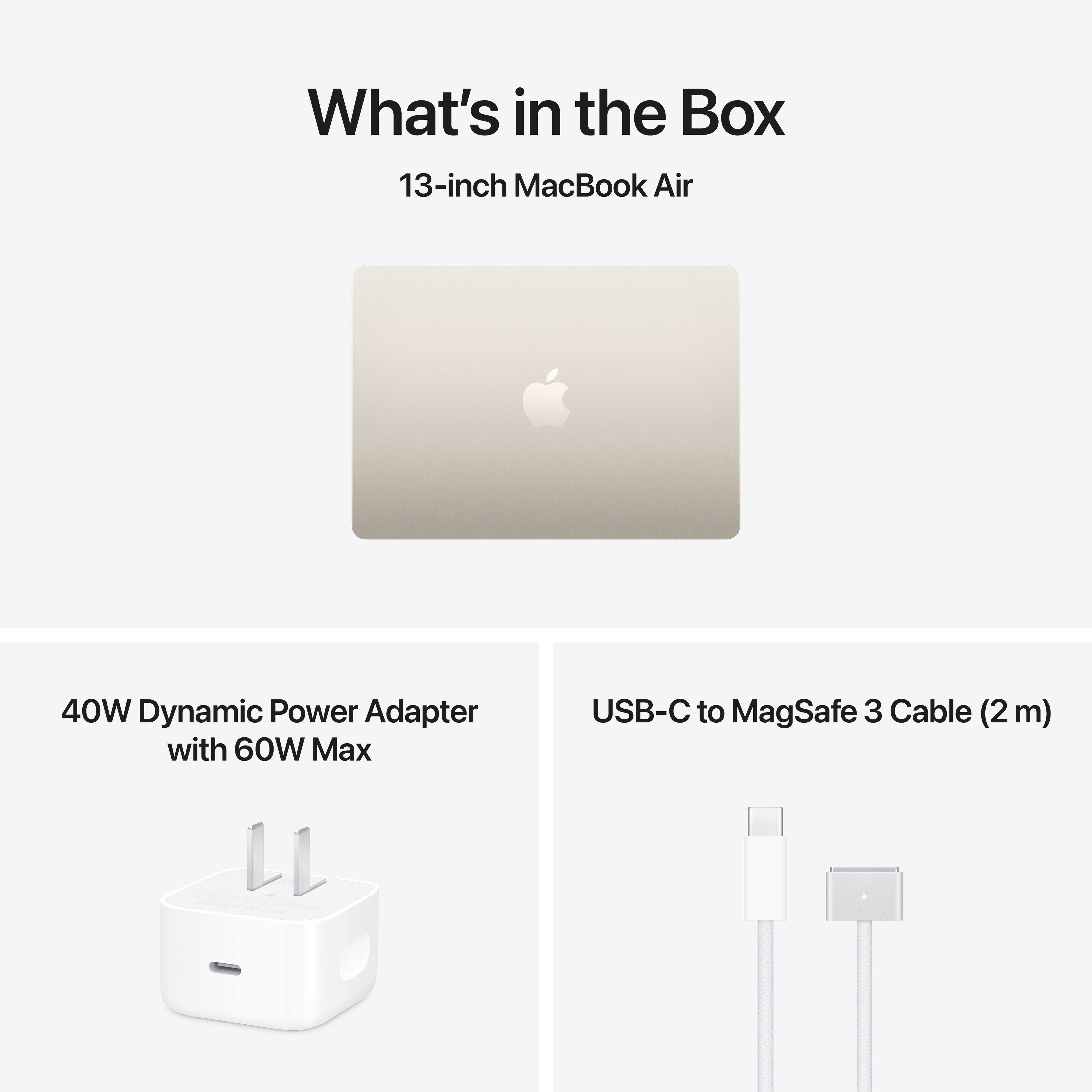 What's in the Box

13-inch MacBook Air

40W Dynamic Power Adapter with 60W Max

USB-C to MagSafe 3 Cable (2 m)