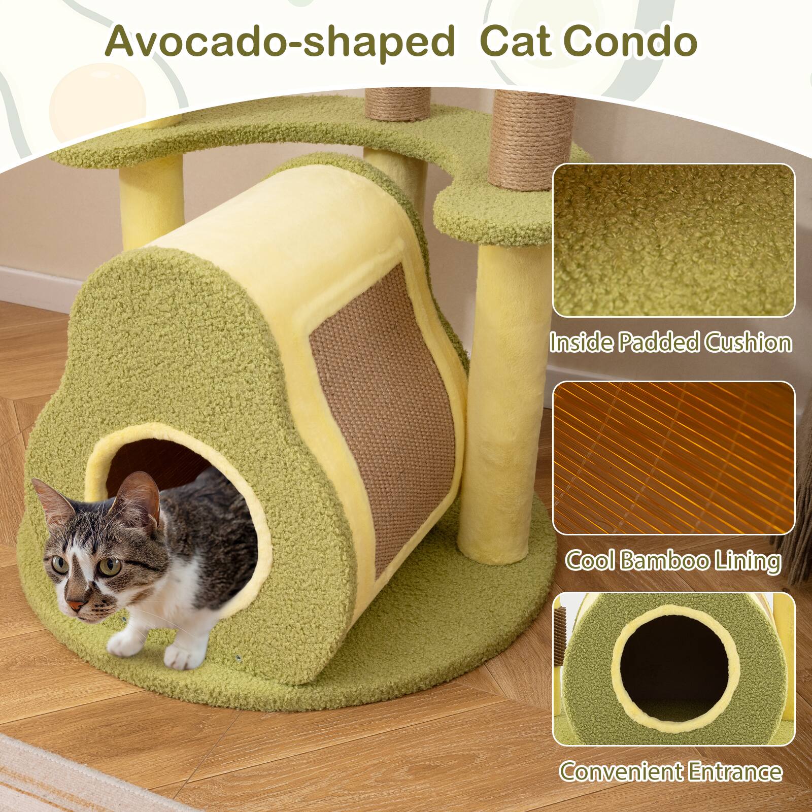 Avocado-shaped Cat Condo

- Inside Padded Cushion
- Cool Bamboo Lining
- Convenient Entrance