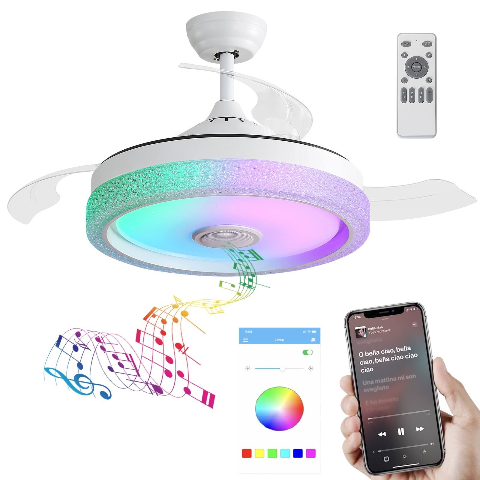 Sofucor - 42'' RGB LED Ceiling Fan with Light and Remote Retractable Ceiling Fan Dimmable Adjustable Wind Speed with Music Speaker - White