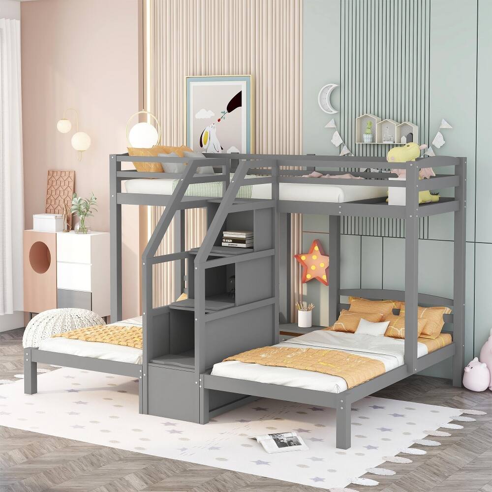 Back. Loheer - Loheer Twin over Twin Bunk Bed Triple Bunk Bed with Stairs Gray - Gray.