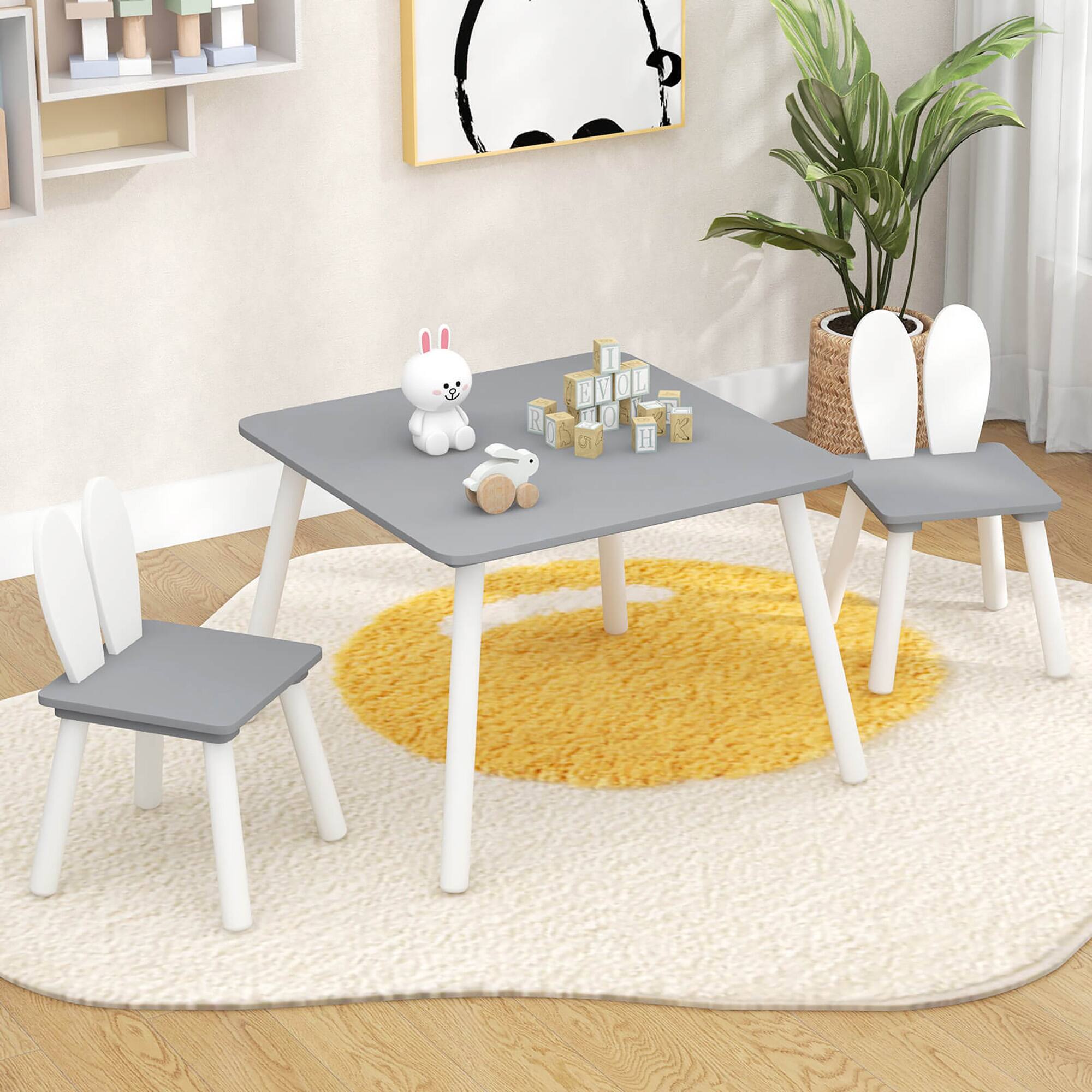 Alt View 4. Gymax - Gymax 3 Pieces Kids Table & Chairs Set Children Wooden Furniture Set w/ Solid Wood Legs Gray - Gray.