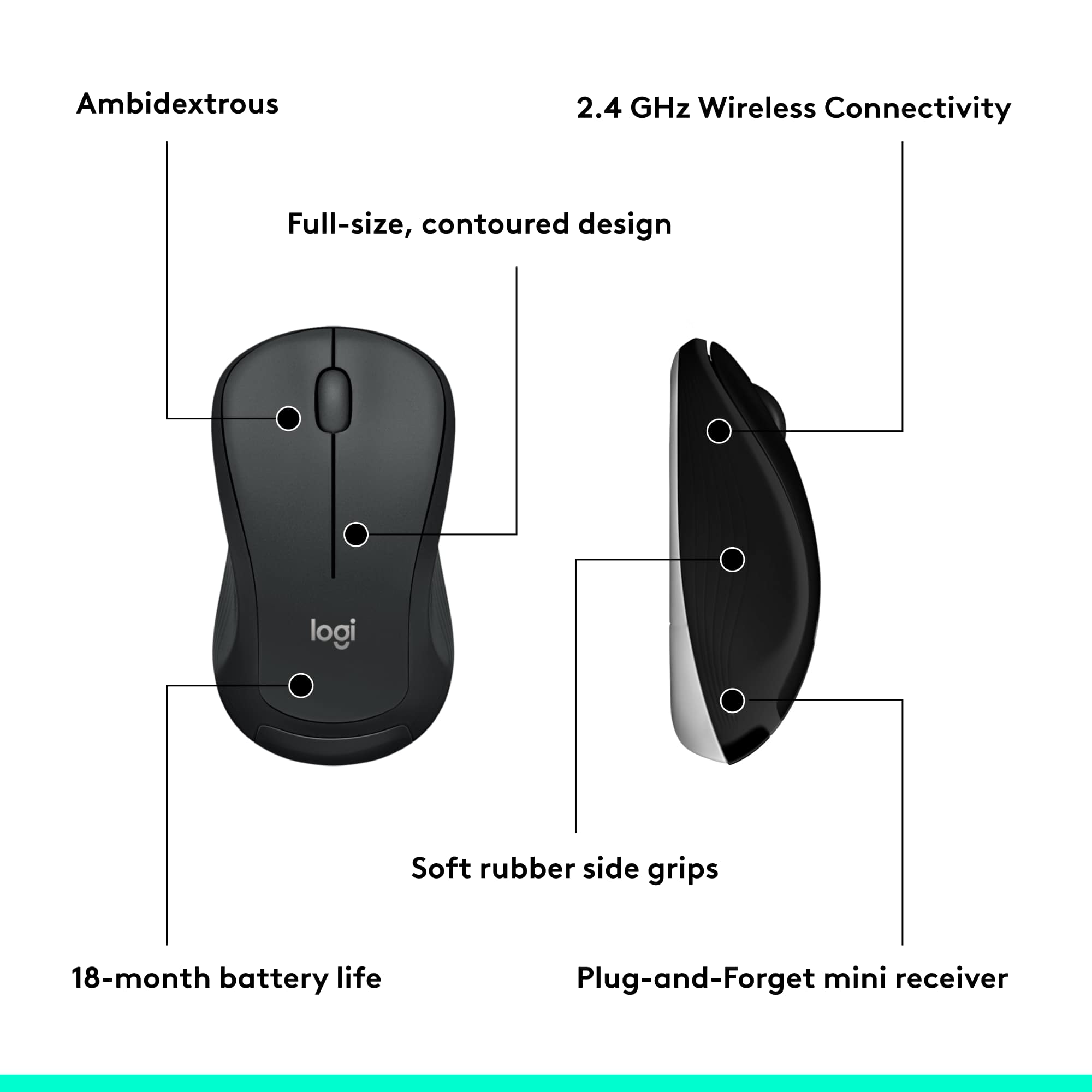 Ambidextrous 2.4 GHz Wireless Connectivity Full-size, contoured design logi Soft rubber side grips 18-month battery life Plug-and-Forget mini receiver