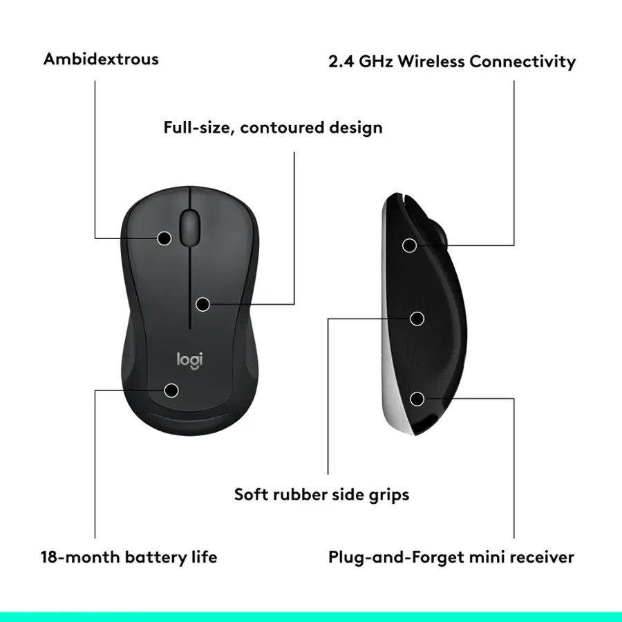 Ambidextrous 2.4 GHz Wireless Connectivity Full-size, contoured design logi Soft rubber side grips 18-month battery life Plug-and-Forget mini receiver