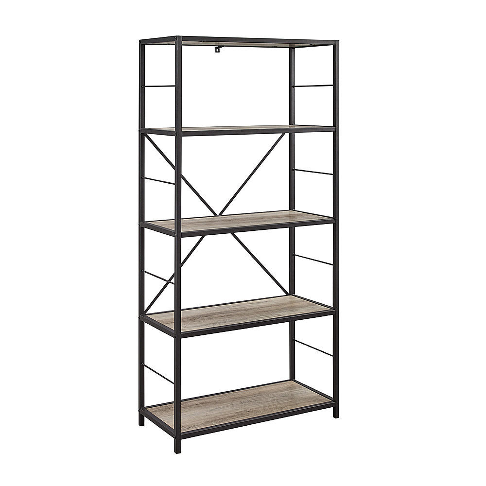 Angle View: Walker Edison - Rustic Industrial Metal and Wood 5-Shelf Bookcase - Grey Wash