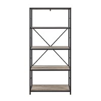 Walker Edison - Rustic Industrial Metal and Wood 5-Shelf Bookcase - Grey Wash - Front_Zoom