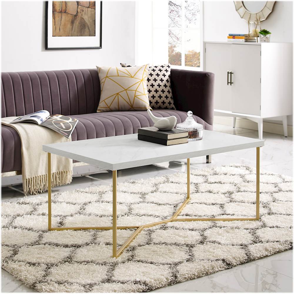 Modern Mid-Century Coffee Table with Marble Print and Gold Legs Black 