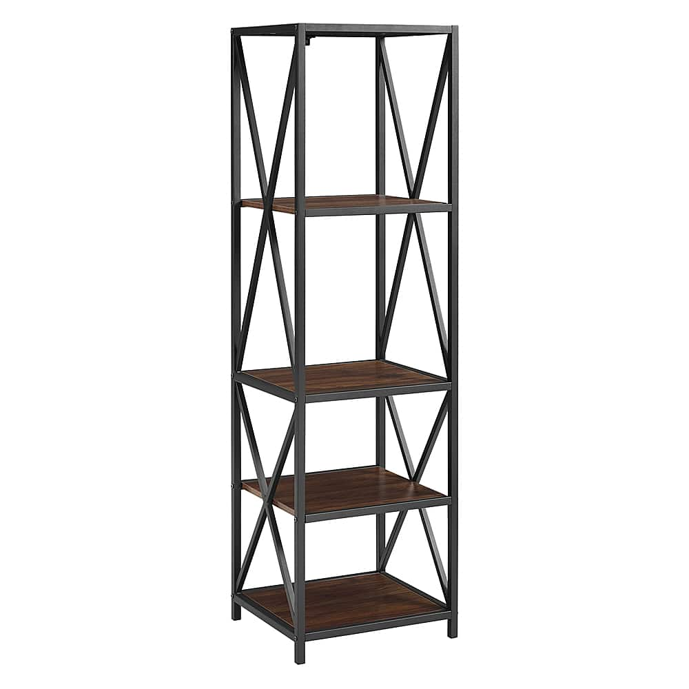 Angle View: Walker Edison - X-frame Industrial Wood and Metal 4-Shelf Bookcase - Walnut