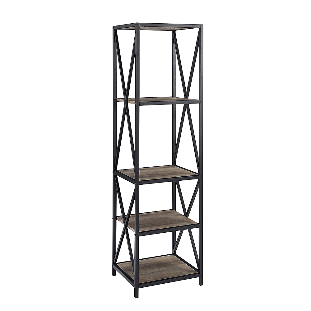 Left View: Walker Edison - X-frame Industrial Wood and Metal 4-Shelf Bookcase - Grey Wash
