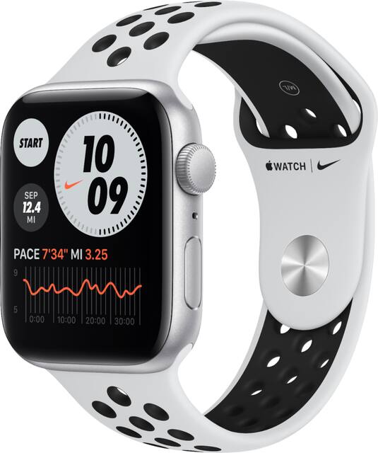 Apple Watch Nike Se Gps 44mm Aluminum Case With Pure Platinum Black Nike Sport Band Silver Myyh2ll A Best Buy