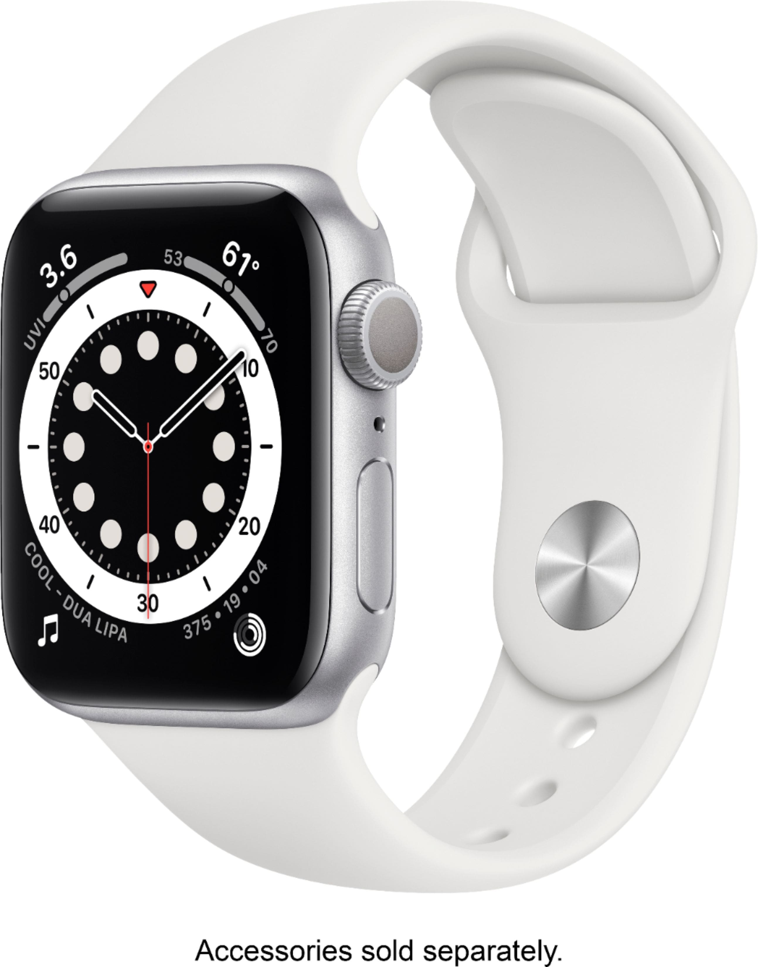 Front. Apple - Apple Watch Series 6 (GPS) 40mm Silver Aluminum Case with White Sport Band - Silver.