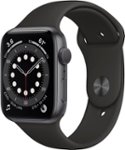 Front. Apple - Apple Watch Series 6 (GPS) 44mm Space Gray Aluminum Case with Black Sport Band - Space Gray.