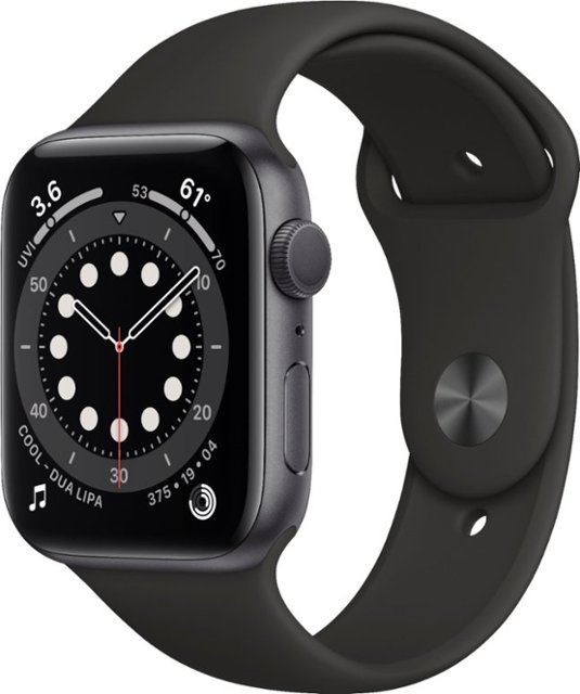 Front Zoom. Apple Watch Series 6 (GPS) 44mm Space Gray Aluminum Case with Black Sport Band - Space Gray.
