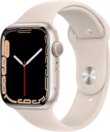 Front. Apple - Apple Watch Series 7 (GPS) 45mm Aluminum Case with Starlight Sport Band - Starlight.