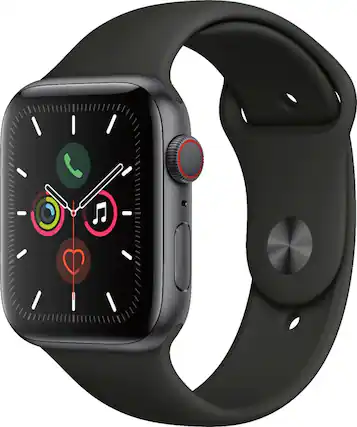 Front. Apple - Apple Watch Series 5 (GPS + Cellular) 44mm Aluminum Case with Black Sport Band - Space Gray.