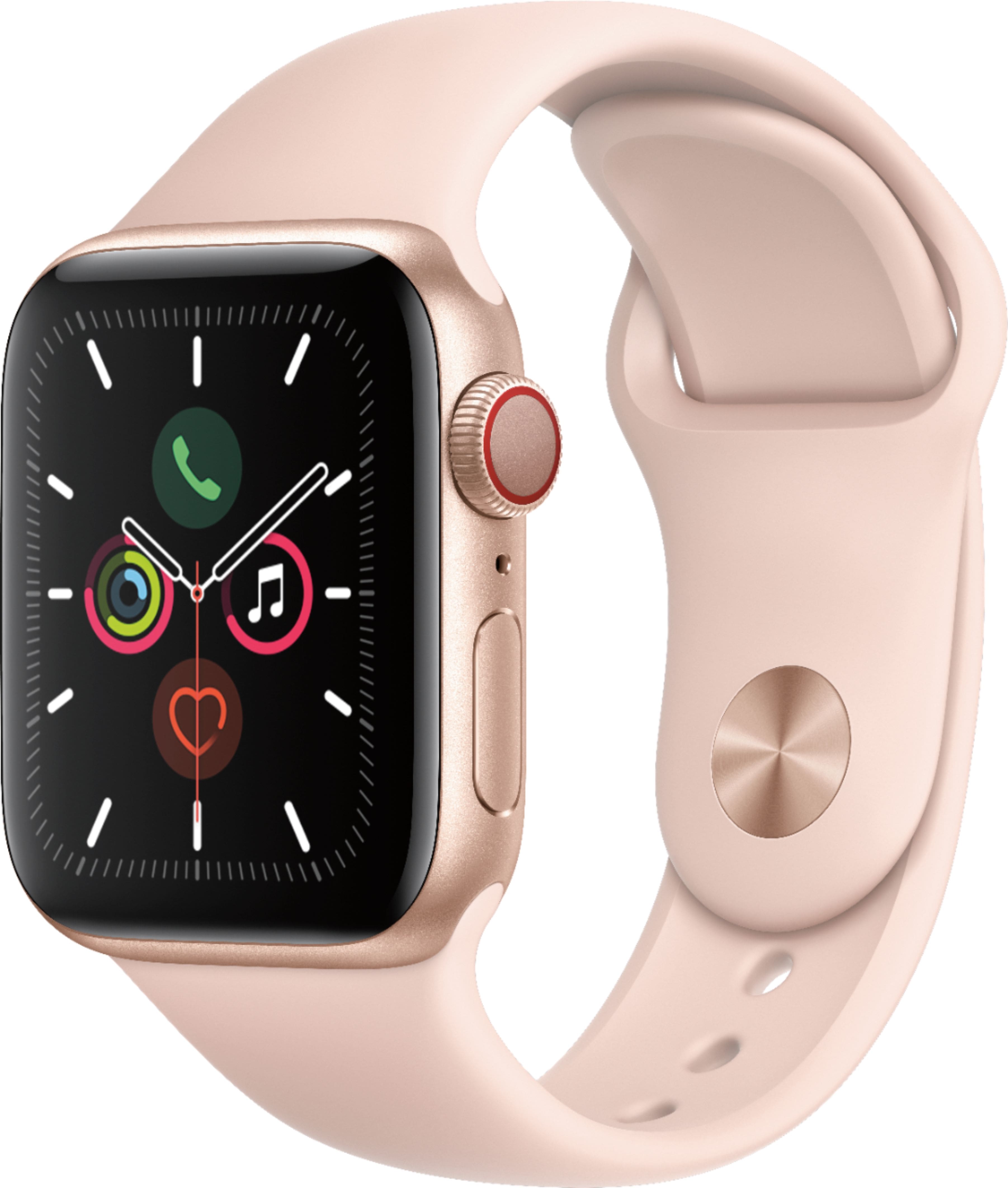 Front. Apple - Apple Watch Series 5 (GPS + Cellular) 40mm Aluminum Case with Pink Sand Sport Band - Gold.