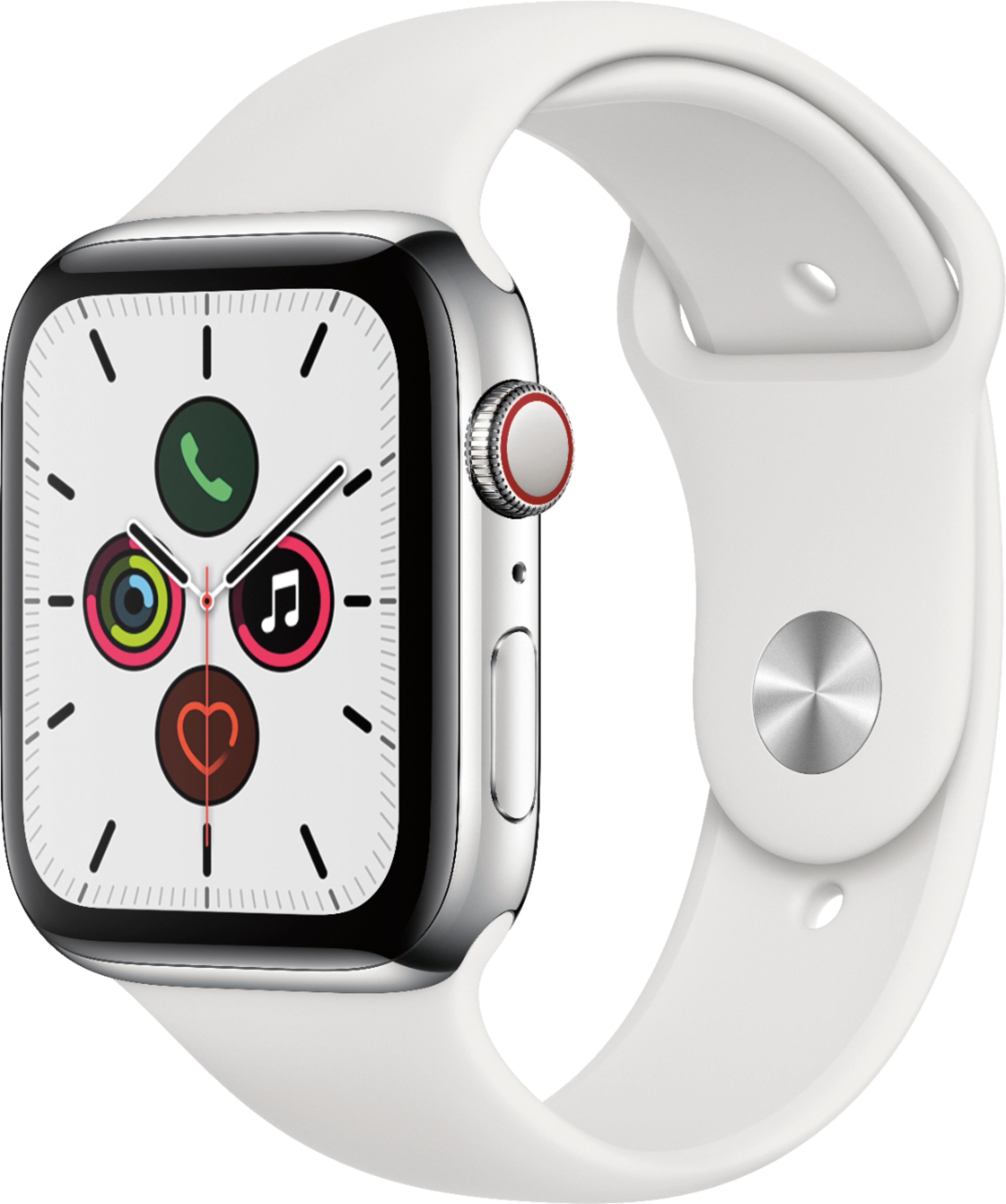 Apple Watch Series 5 (GPS + Cellular) 44mm Stainless Steel Case with White  Sport Band Stainless Steel MWW22LL/A - Best Buy
