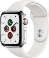 Apple Watch Series 5 (GPS + Cellular) 44mm Stainless Steel Case with White Sport Band - Stainless Steel - Front_Zoom