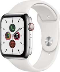 Apple Watch Series 5 (GPS + Cellular) 44mm Stainless Steel Case with White Sport Band - Stainless Steel - Front_Zoom