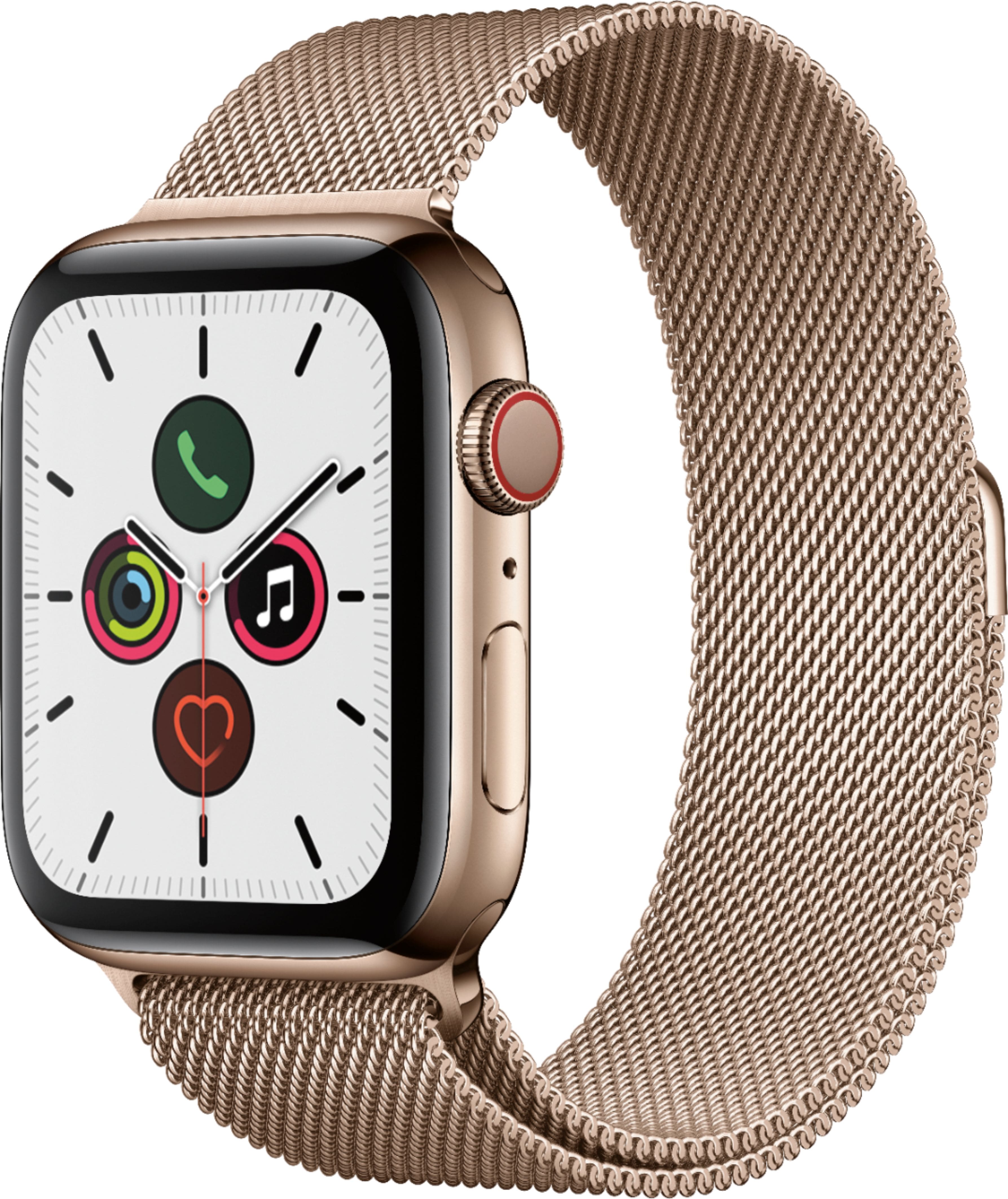 Front. Apple - Apple Watch Series 5 (GPS + Cellular) 44mm Gold Stainless Steel Case with Gold Milanese Loop - Gold Stainless Steel.