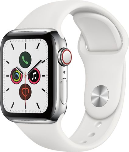 Rent to own Apple Watch Series 5 (GPS + Cellular) 40mm Stainless Steel Case with White Sport Band - Stainless Steel
