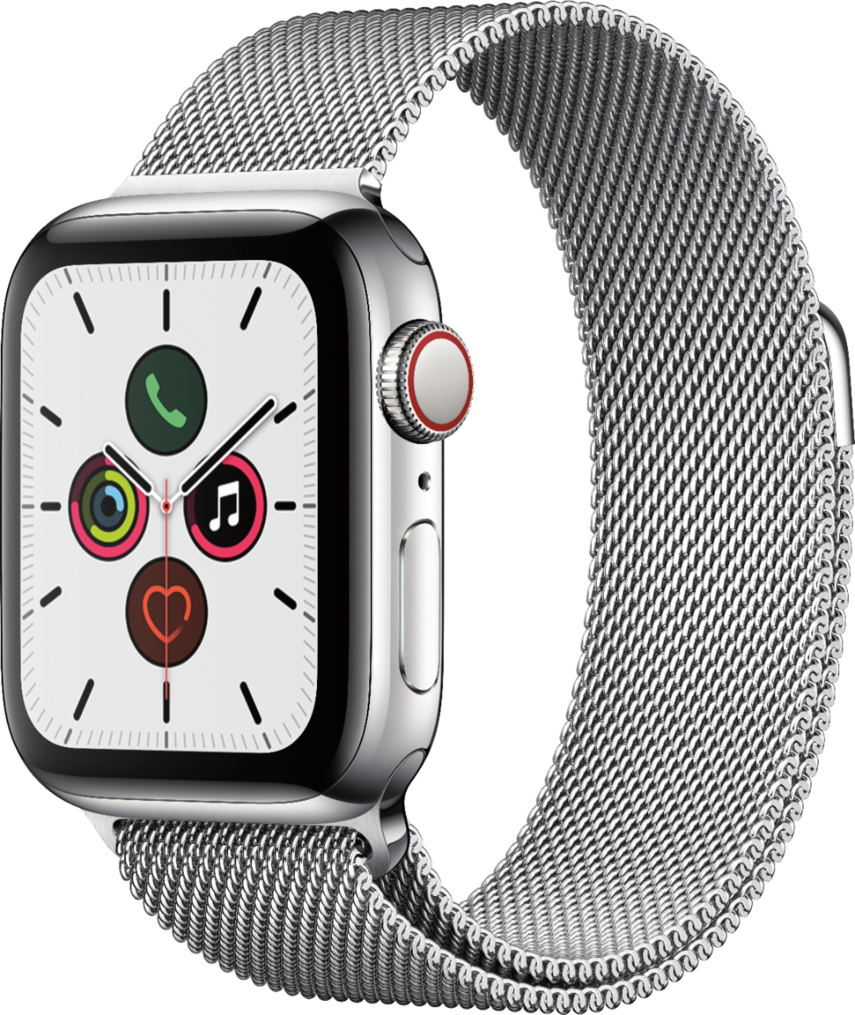 Front. Apple - Apple Watch Series 5 (GPS + Cellular) 40mm Stainless Steel Case with Stainless Steel Milanese Loop - Stainless Steel.