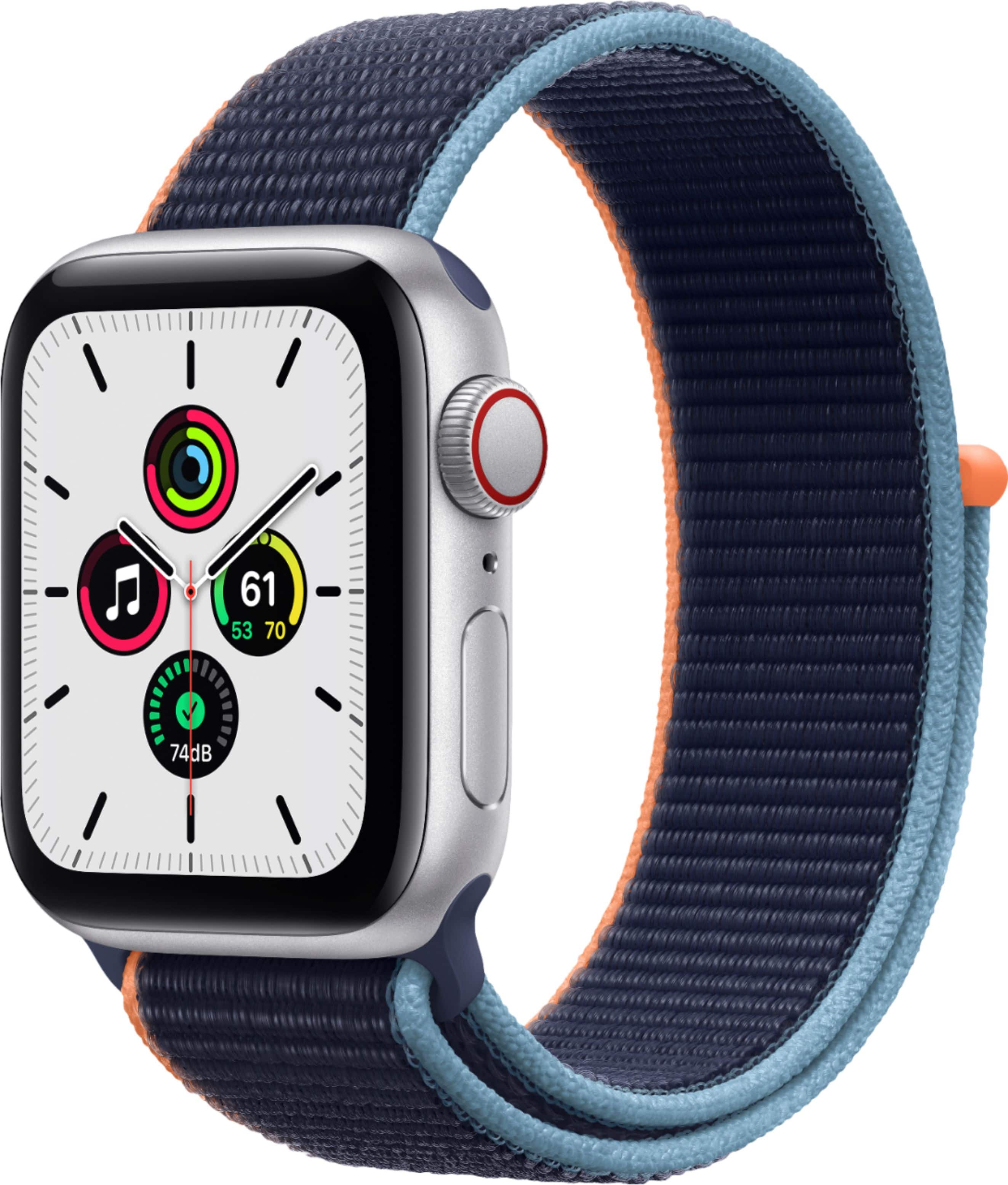Front. Apple - Apple Watch SE (GPS + Cellular) 40mm Aluminum Case with Deep Navy Sport Loop - Silver.