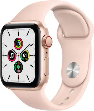 Front. Apple - Apple Watch SE (GPS + Cellular) 40mm Gold Aluminum Case with Pink Sand Sport Band - Gold.