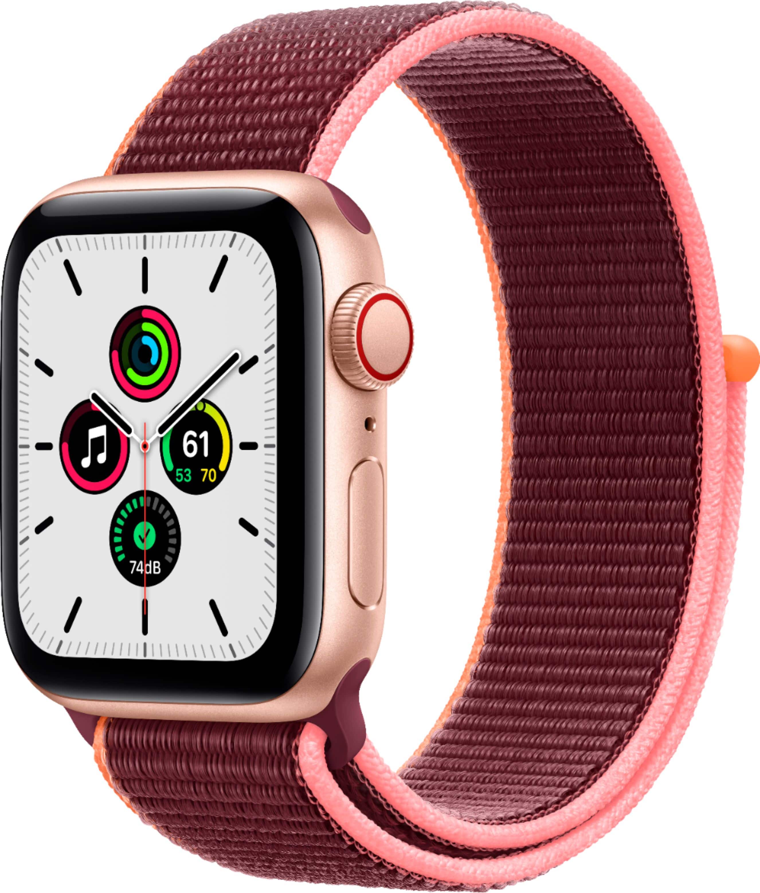 Front. Apple - Apple Watch SE (GPS + Cellular) 40mm Aluminum Case with Plum Sport Loop - Gold.
