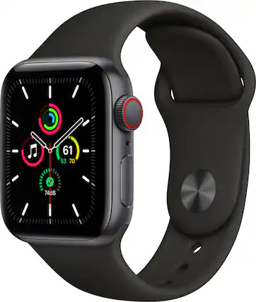 Front. Apple - Apple Watch SE (GPS + Cellular) 40mm Space Gray Aluminum Case with Black Sport Band - Space Gray - Space Gray.