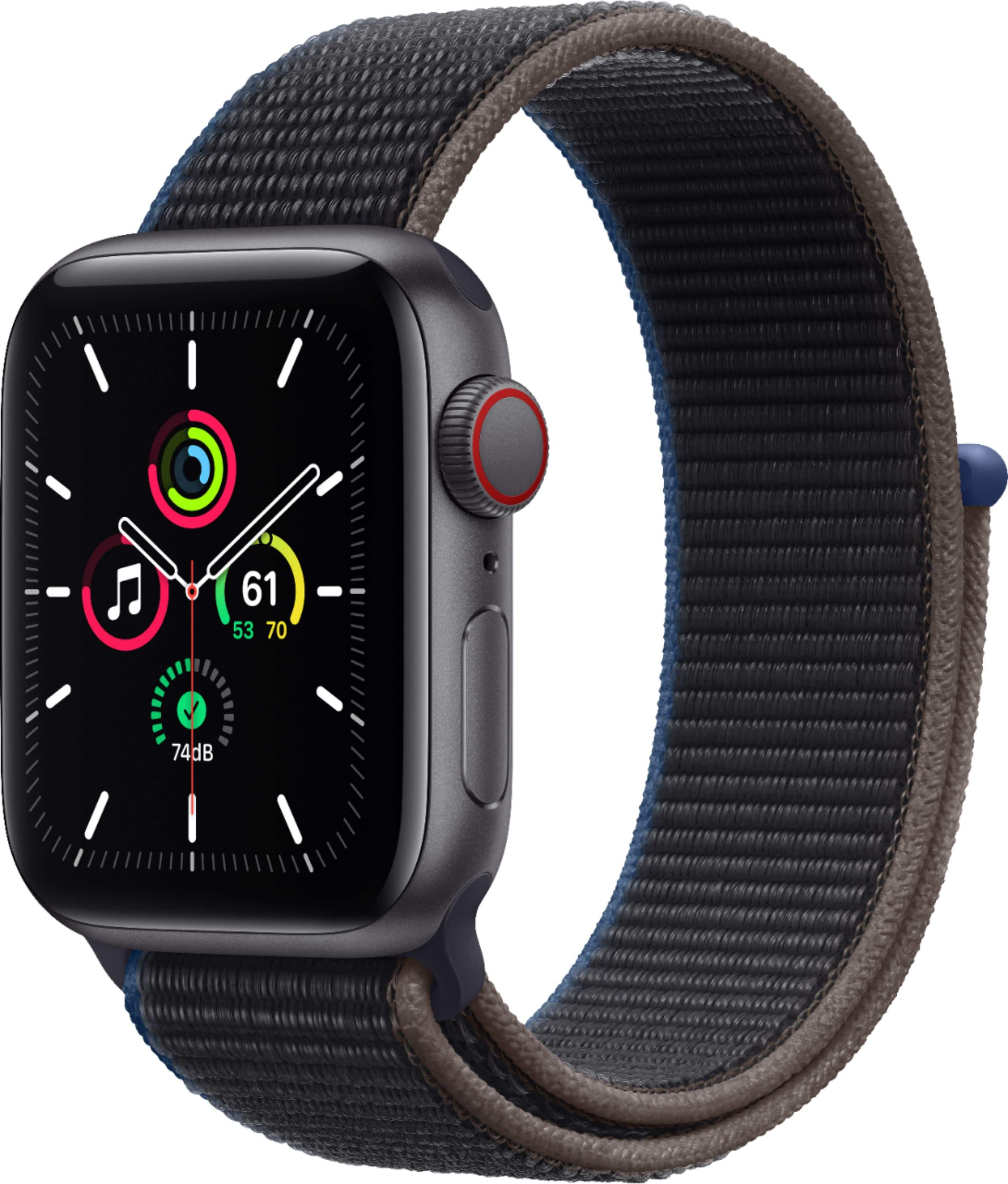 Front. Apple - Apple Watch SE (1st Generation, GPS + Cellular) 40mm Aluminum Case with Charcoal Sport Loop - Space Gray.