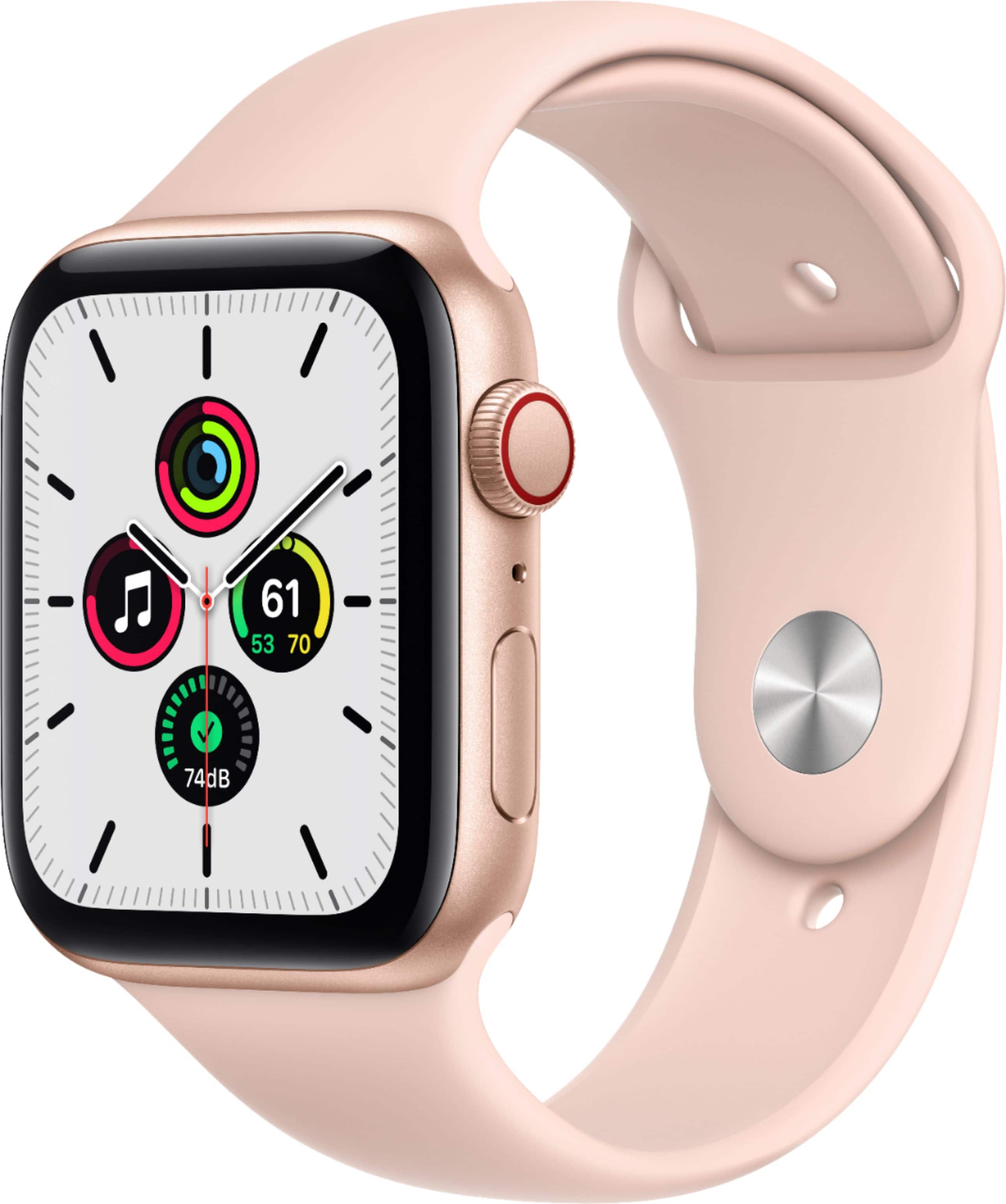 Front. Apple - Apple Watch SE (GPS + Cellular) 44mm Gold Aluminum Case with Pink Sand Sport Band - Gold.