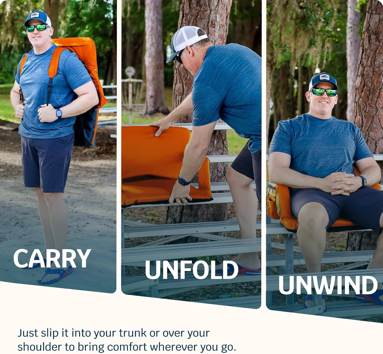 CARRY  
UNFOLD  
UNWIND  

Just slip it into your trunk or over your shoulder to bring comfort wherever you go.