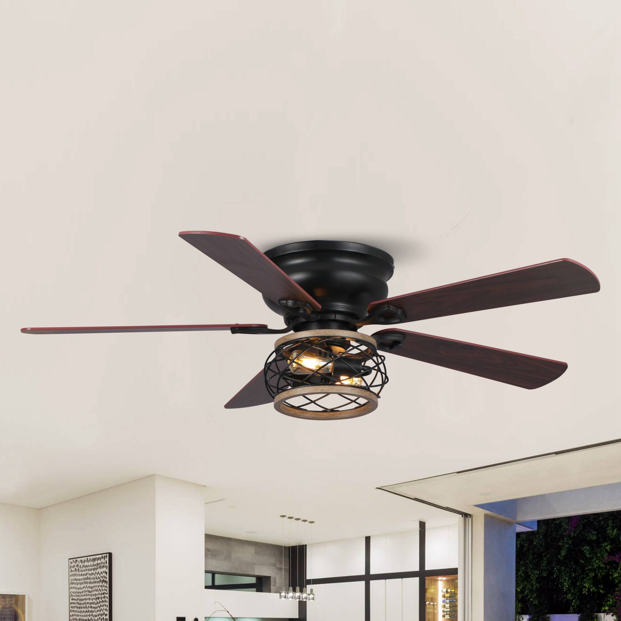 Alt View 2. Parrot Uncle - 48" Vintage Wooden 5-Blade Black Flush Mount Cgaed Ceiling Fan with Remote - Black.