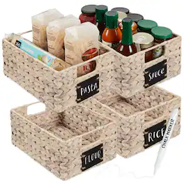 Best Choice Products - Set of 4 12in Woven Water Hyacinth Pantry Baskets w/ Chalkboard Label, Chalk Marker - White
