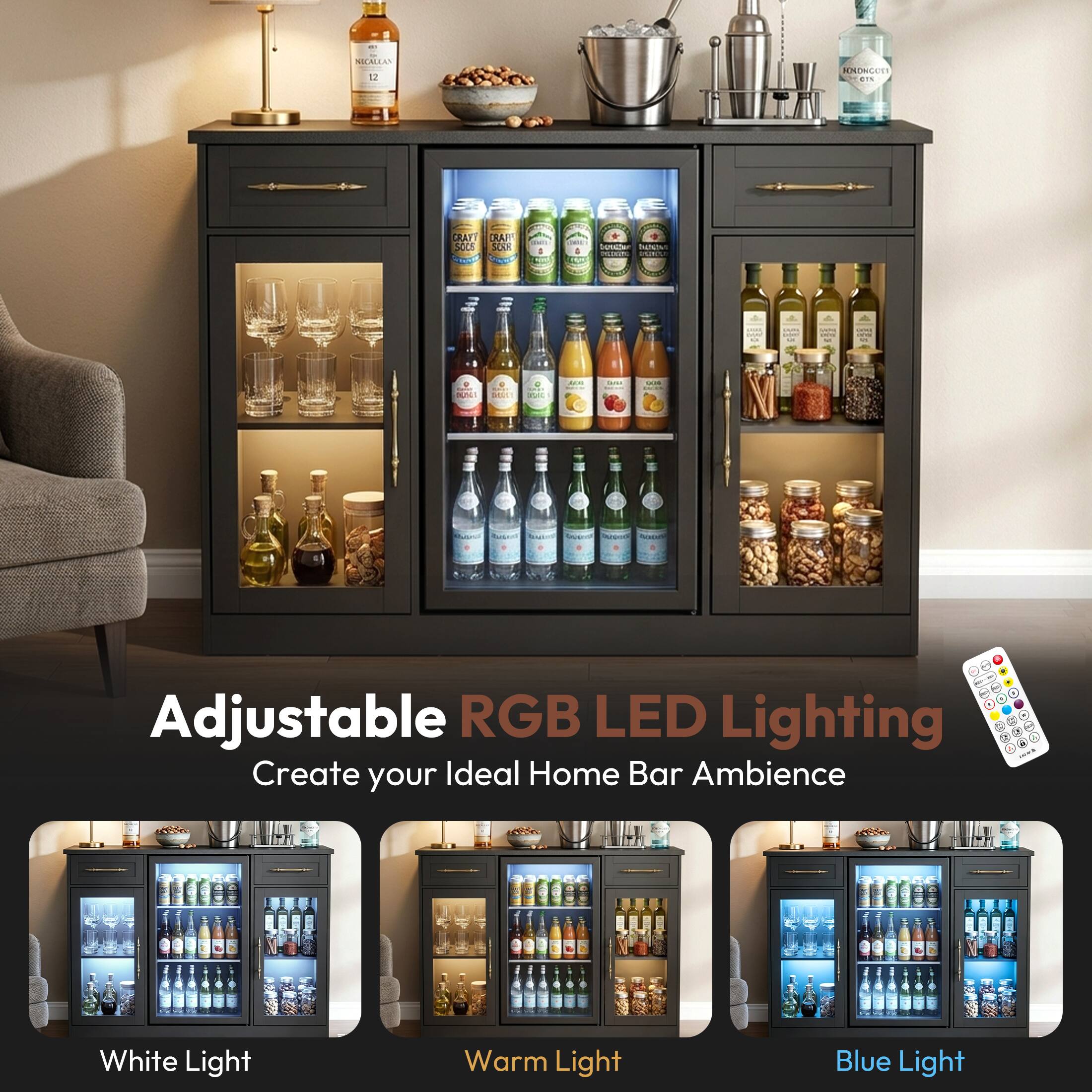 Adjustable RGB LED Lighting  
Create your Ideal Home Bar Ambience  
White Light Warm Light Blue Light