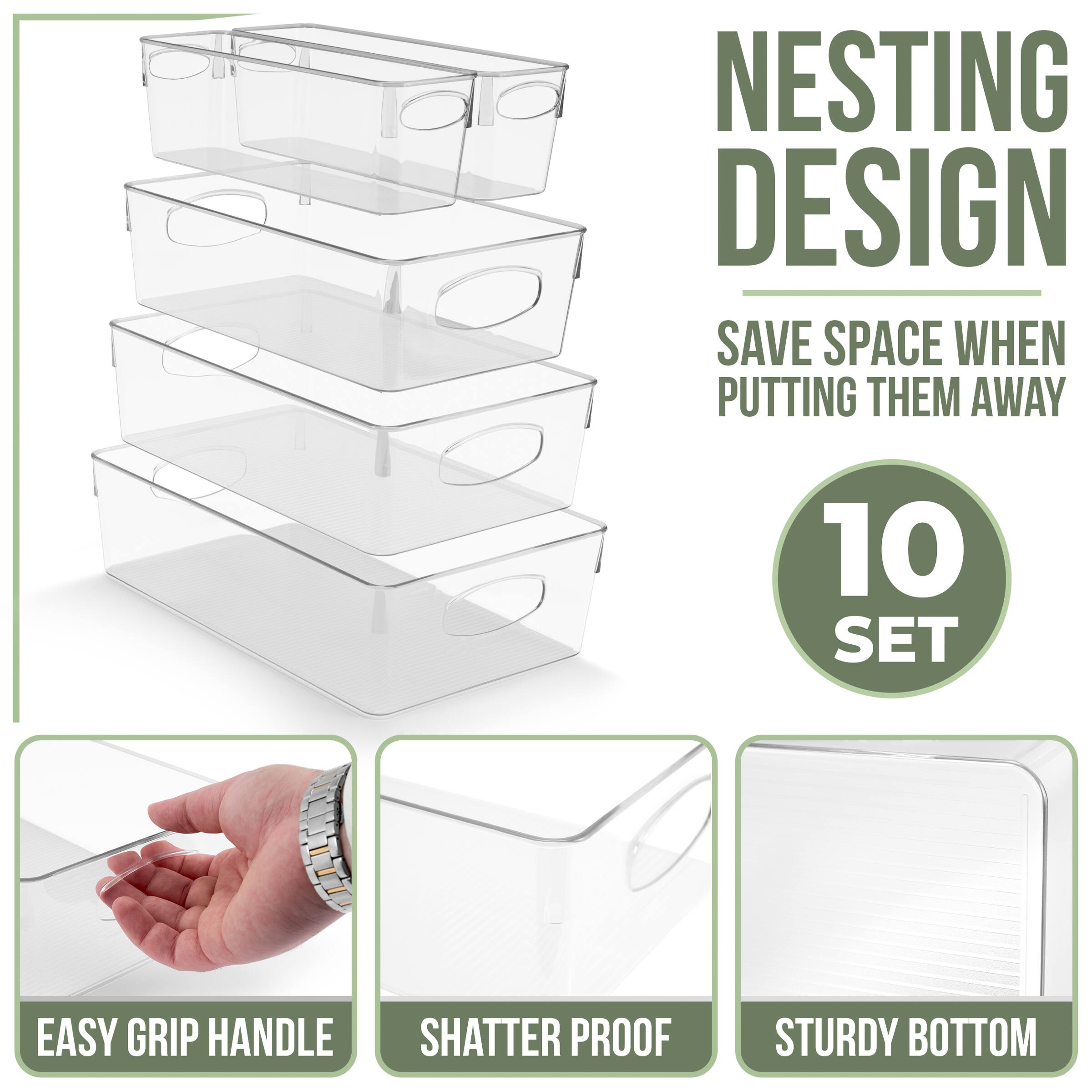 NESTING DESIGN  
SAVE SPACE WHEN PUTTING THEM AWAY  

10 SET  

EASY GRIP HANDLE  
SHATTER PROOF  
STURDY BOTTOM