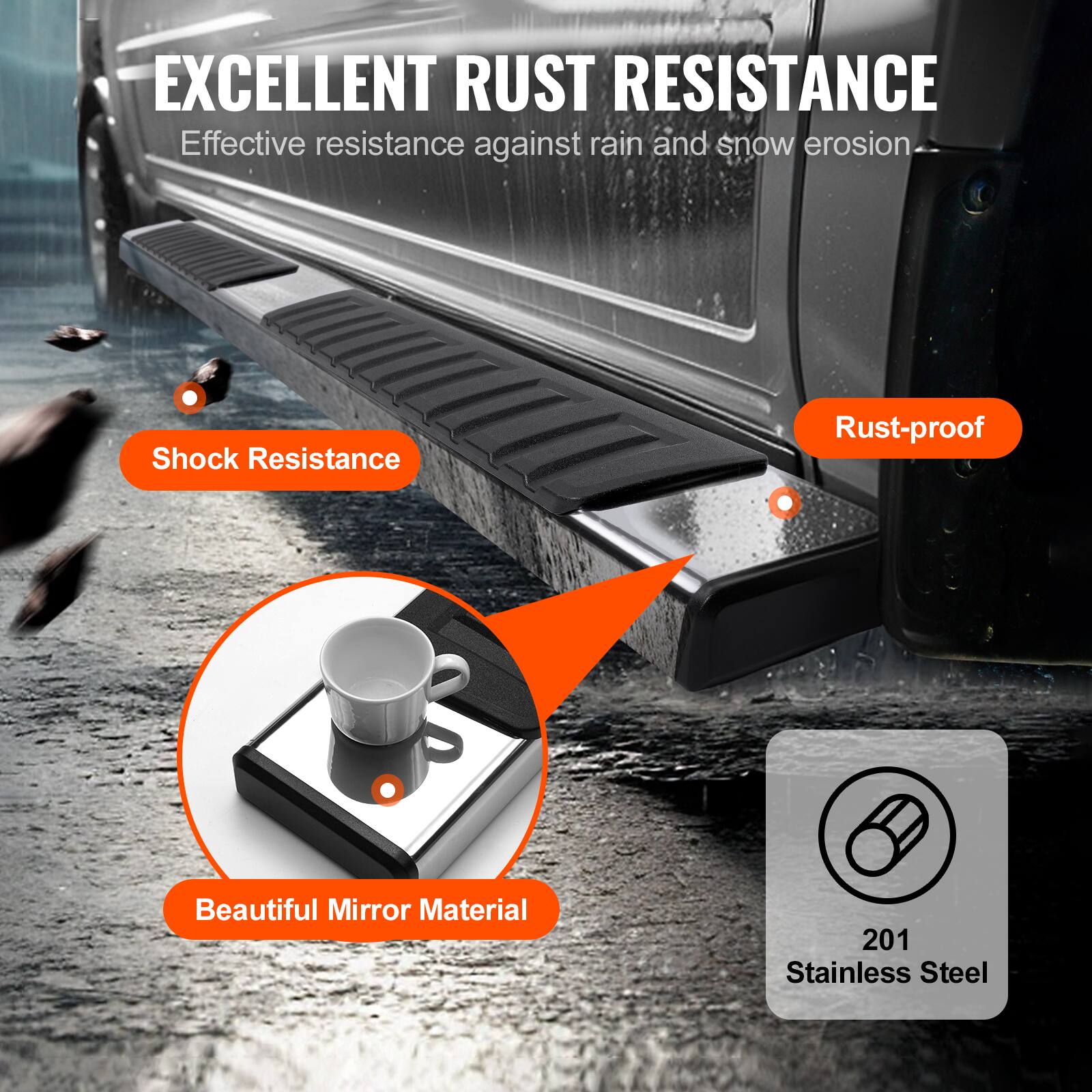 EXCELLENT RUST RESISTANCE  
Effective resistance against rain and snow erosion  
- Shock Resistance  
- Rust-proof  
- Beautiful Mirror Material  
201 Stainless Steel