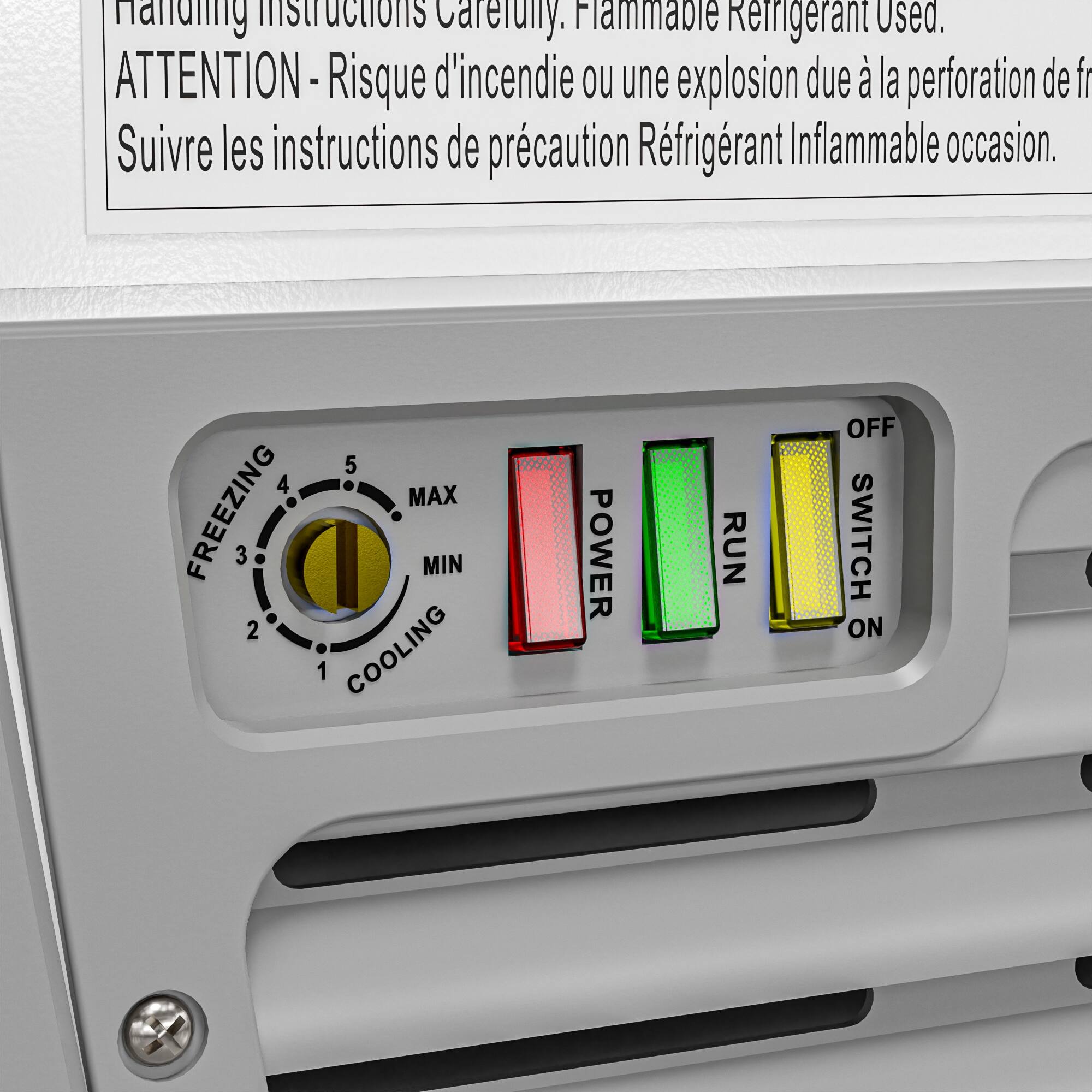 instructions Carefully. Flammable Refrigerant Used. ATTENTION -Risque d'incendie ou une explosion due à la perforation de fré Suivre les instructions de précaution Réfrigérant Inflammable occasion. 5 4 MAX FREEZING 3 MIN 2 1 COOLING POWER RUN OFF SWITCH ON