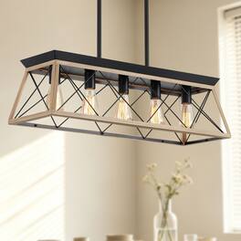 Loheer - 5 Light Farmhouse Chandelier Rustic Wood and Metal Rectangular Dining Room Pendant