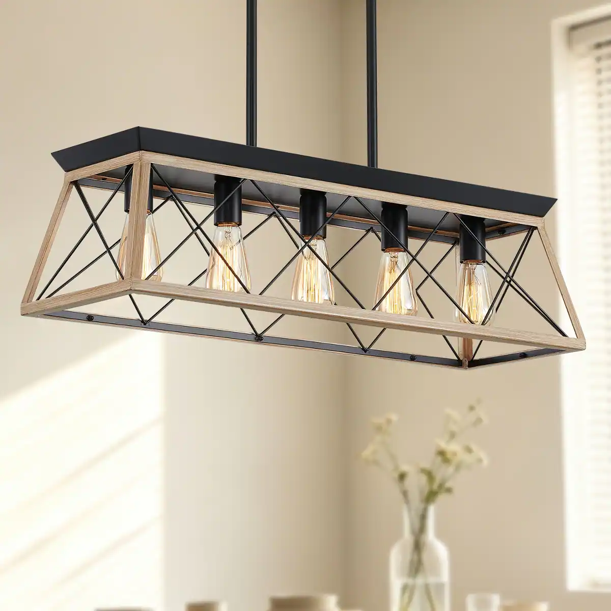 Front. Loheer - Loheer 5 Light Farmhouse Chandelier Rustic Wood and Metal Rectangular Dining Room Pendant.