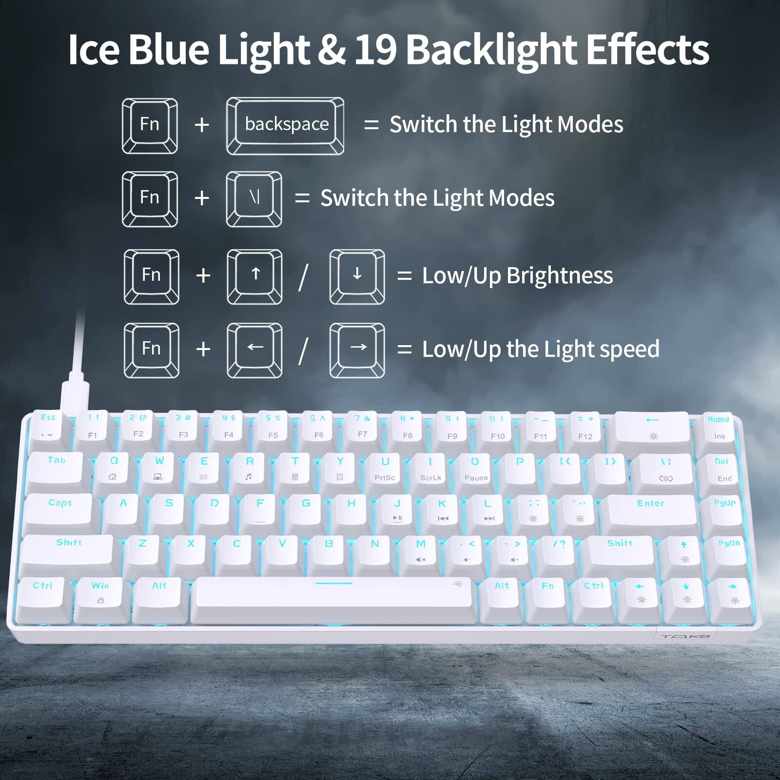 Ice Blue Light & 19 Backlight Effects

Fn + backspace = Switch the Light Modes

Fn + V = Switch the Light Modes

Fn + ↑ / ↓ = Low/Up Brightness

Fn + ← / → = Low/Up the Light speed

Esc 1 2 3 4 5 6 7 8 9 0 - = \ ; ' " Enter

Tab Q W E R T Y U I O P [ ] \

Caps A S D F G H J K L : '

Shift Z X C V B N M , . / Shift

Ctrl Win Alt Fn Ctrl

F1 F2 F3 F4 F5 F6 F7 F8 F9 F10 F11 F12

Print Screen Scroll Lock Pause

Home End Insert Delete

PgUp PgDn
