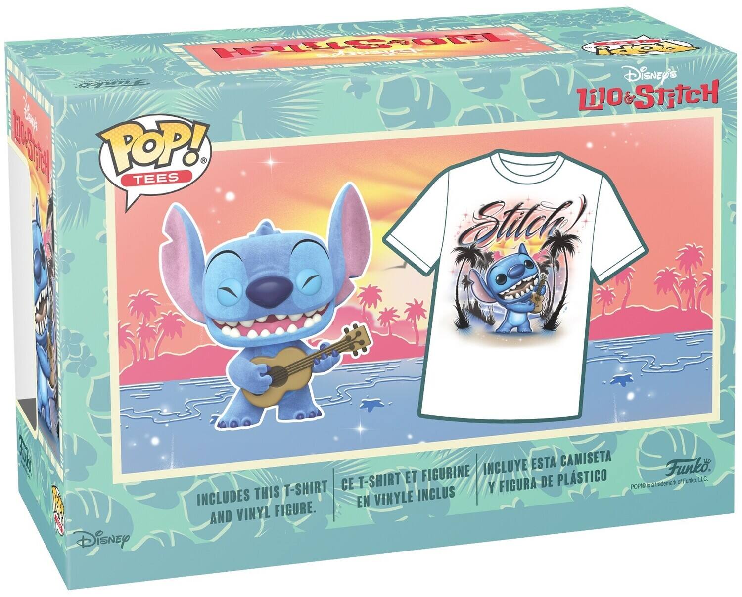 Sure, here is the corrected and grouped text from the image:

---

**Disney's Lilo & Stitch**

**POP! TEES**

**INCLUDES THIS T-SHIRT AND VINYL FIGURE.**

**CE-T-SHIRT ET FIGURINE EN VINYLE INCLUS**

**INCLUYE ESTA CAMISETA Y FIGURA DE PLÁSTICO**

**Stitch**

**Funko**

**POP! is a trademark of Funko, LLC.**

---

This text is organized to reflect the information on the packaging, including the product name, the inclusion of the T-shirt and vinyl figure, and the multilingual descriptions.