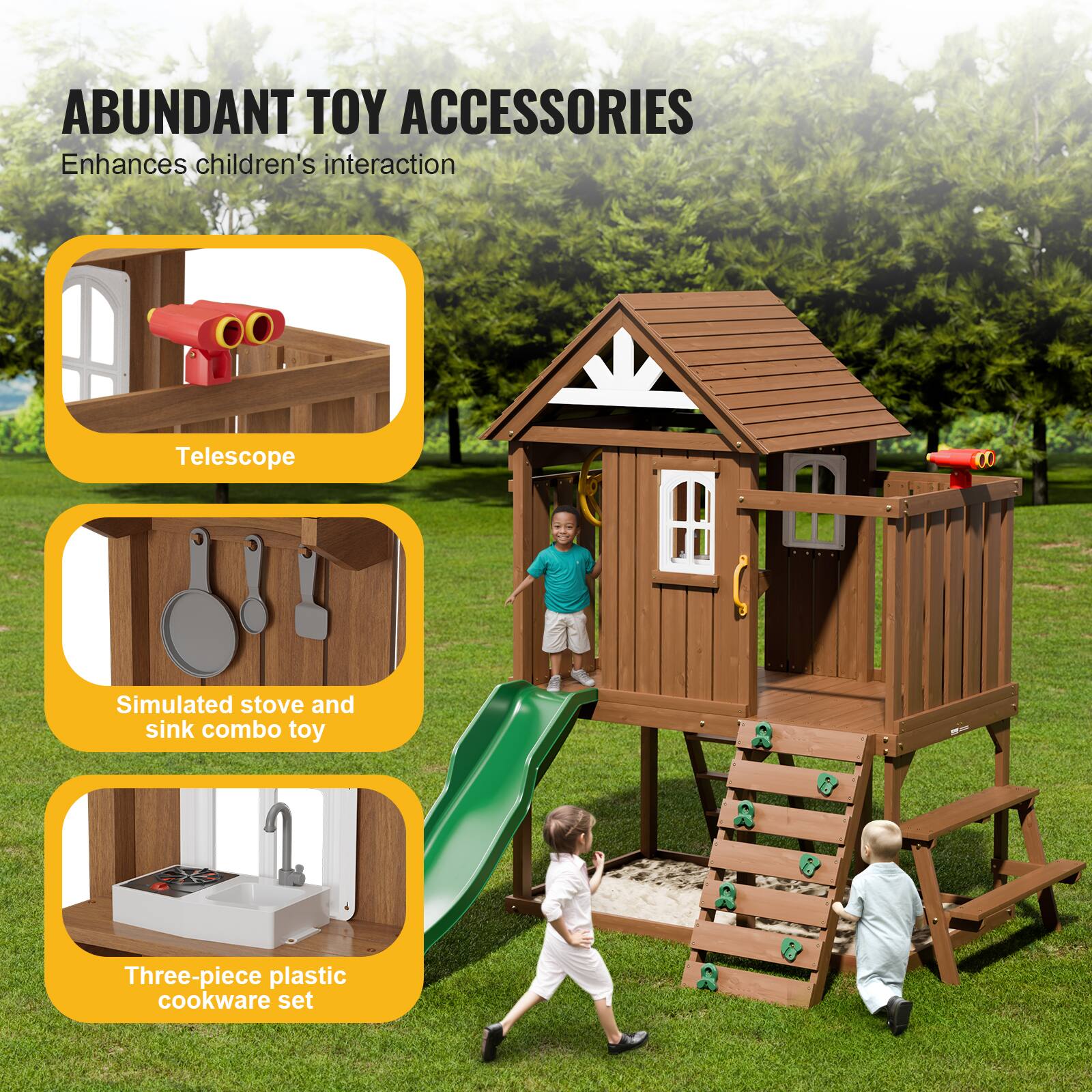 ABUNDANT TOY ACCESSORIES  
Enhances children's interaction  

- Telescope  
- Simulated stove and sink combo toy  
- Three-piece plastic cookware set