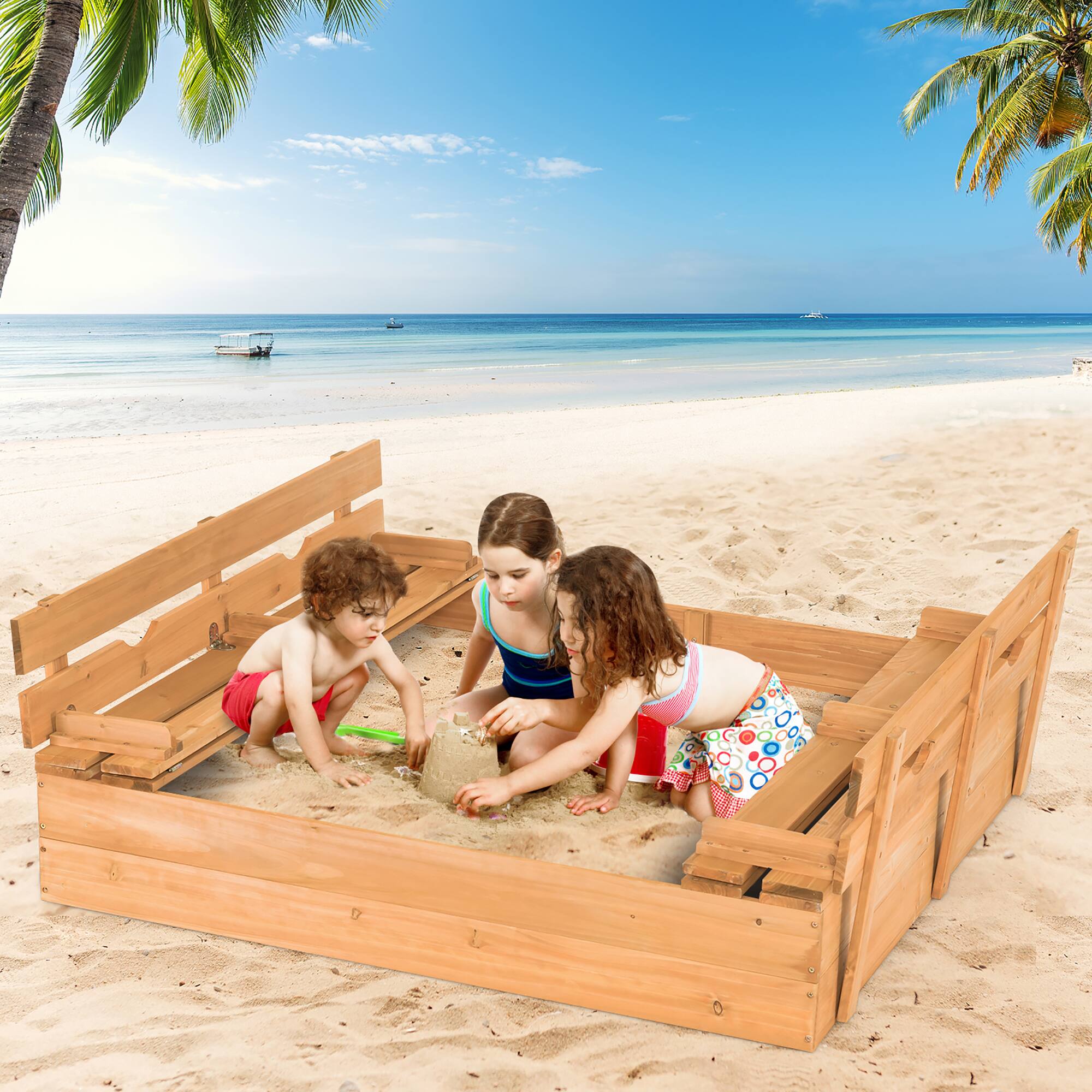 Alt View 3. Costway - Costway Kids Large Wooden Sandbox w/Cover 2 Convertible Bench Seats for Outdoor Play - Nature.