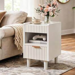 JUJABU - Fluted Wood Nightstand with Drawer and Open Storage, End Table for Living Room Home Decor - White