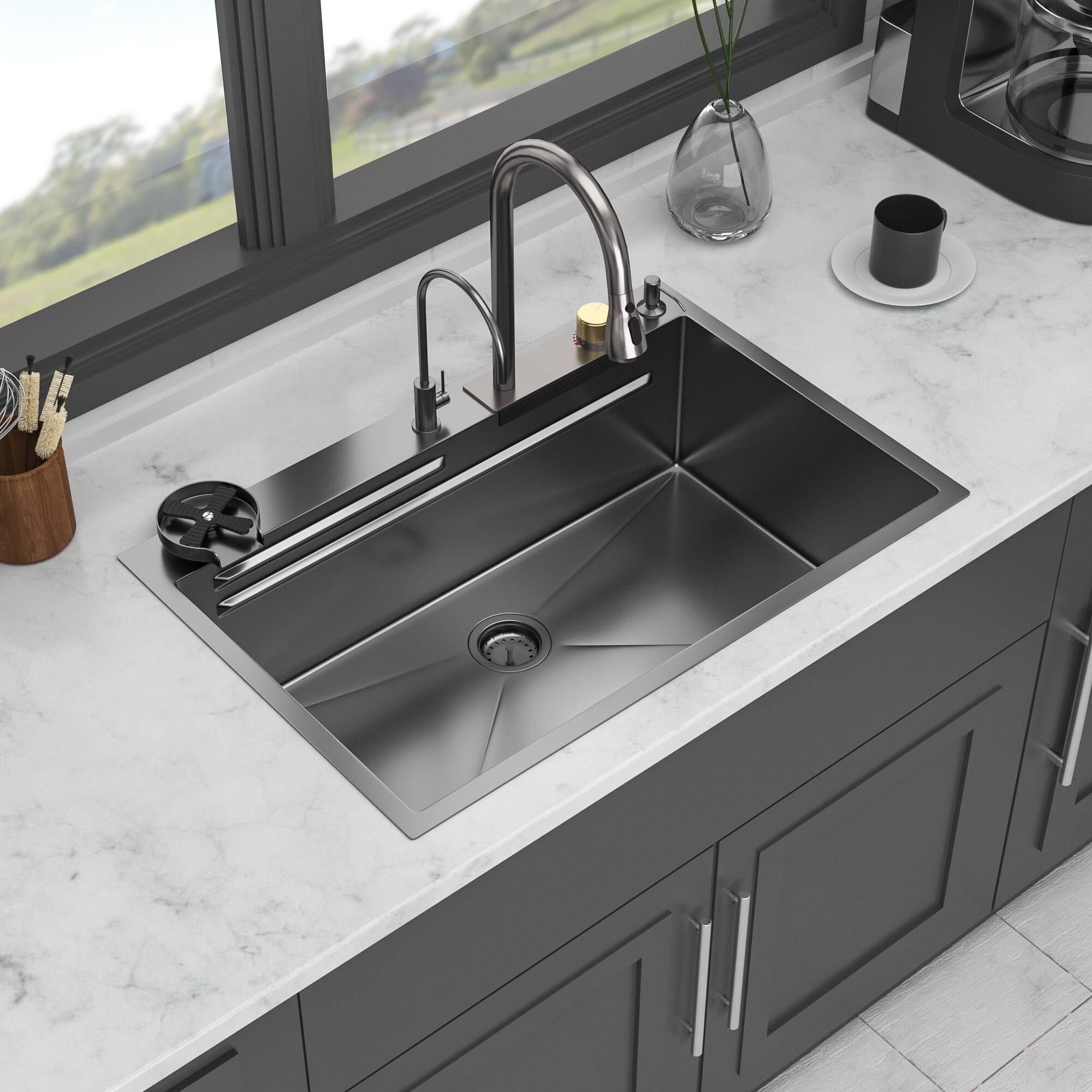 Back. APRILSOUL - 33 x 22 x 10in Single Bowl 16 Gauge Stainless Steel Ledge Workstation Kitchen Sinks with Pull-Down Faucet and Cup Washer - Gunmetal Black.