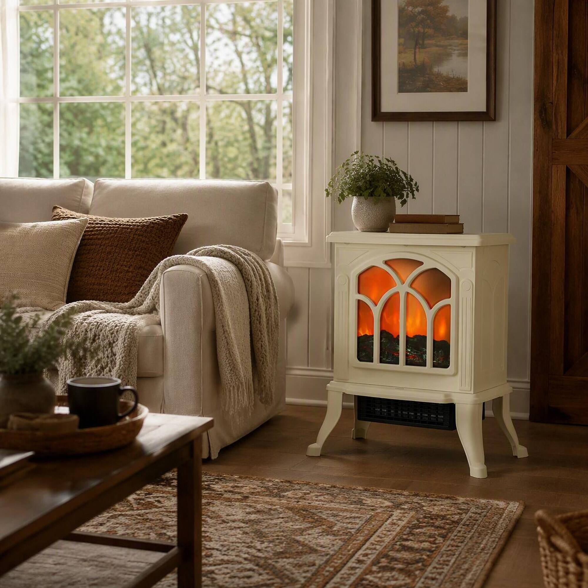 Angle. RYHNUYNE - 17-Inch Freestanding Electric Fireplace Stove with Realistic Logs, 750W/1500W Adjustable Heat, Overheat - Beige.