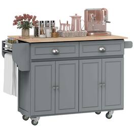Homcom - Rolling Kitchen Island Cart with Drop Leaf, Kitchen Cart on Wheels with Rubber Wood Top, 2 Drawers - Dark Gray