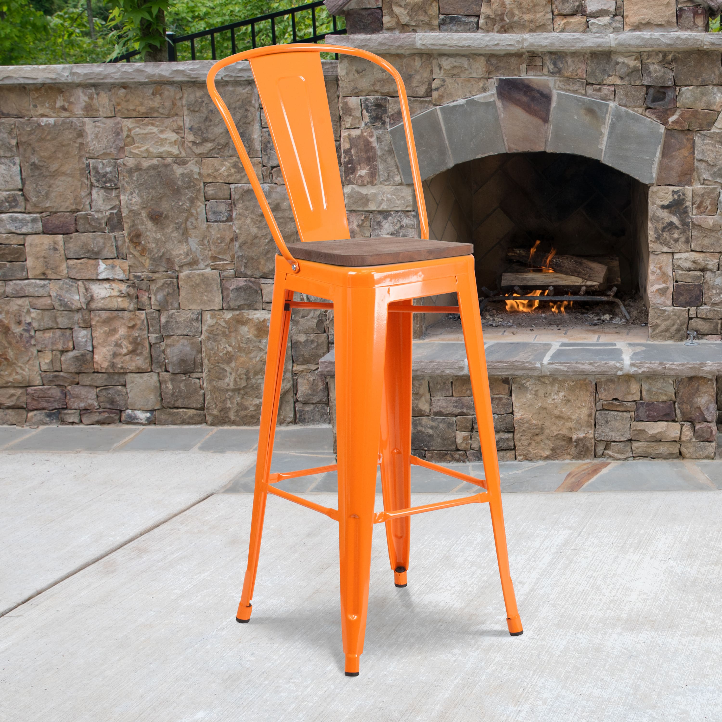 Emma + Oliver - 30"H Metal Dining Barstool with Back and Square Wood Seat - Orange