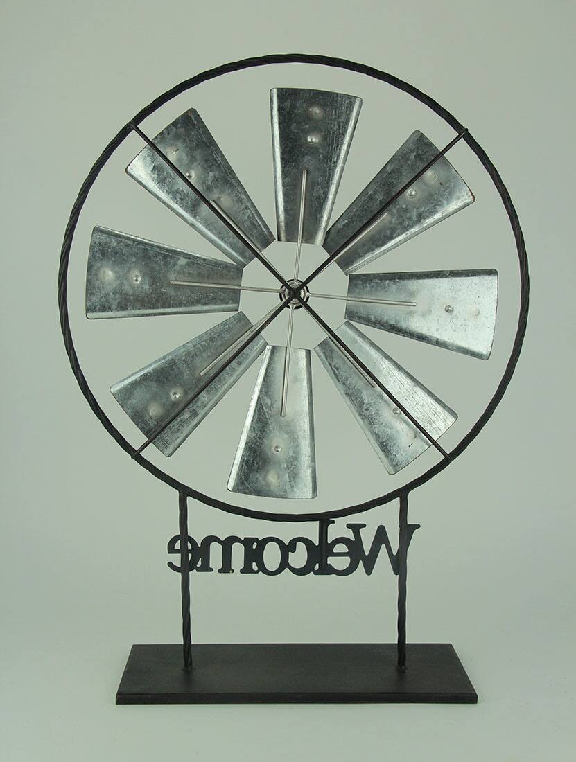 Alt View 2. Direct International - Black and Silver Metal Spinning Windmill Welcome Sign Sculpture - Black.